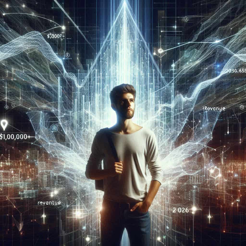 Futuristic 3D visualization of making money online with AI tools and massive data growth in 2026