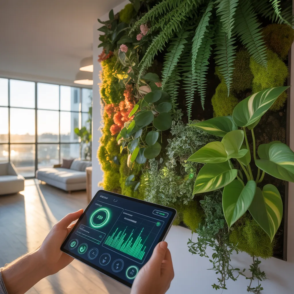 A hand is holding a tablet that displays an AI smart gardener 2026 app with icons for plant health and growth charts in a lush indoor vertical garden in a modern apartment.