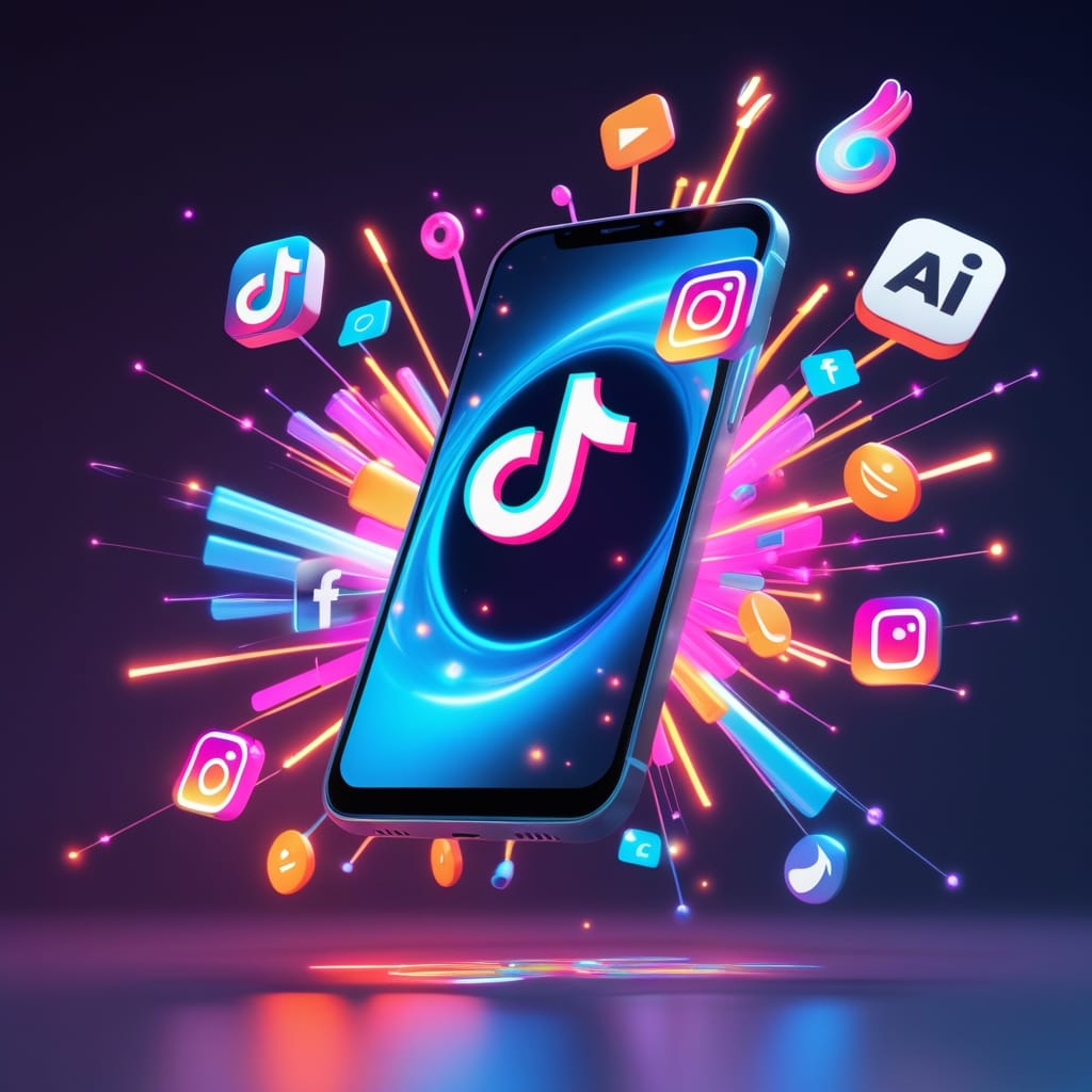 Futuristic smartphone showing AI video creation for viral TikTok and Instagram Reels