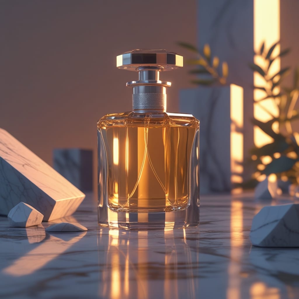 Professional luxury product photography generated by AI showing a perfume bottle with cinematic lighting.