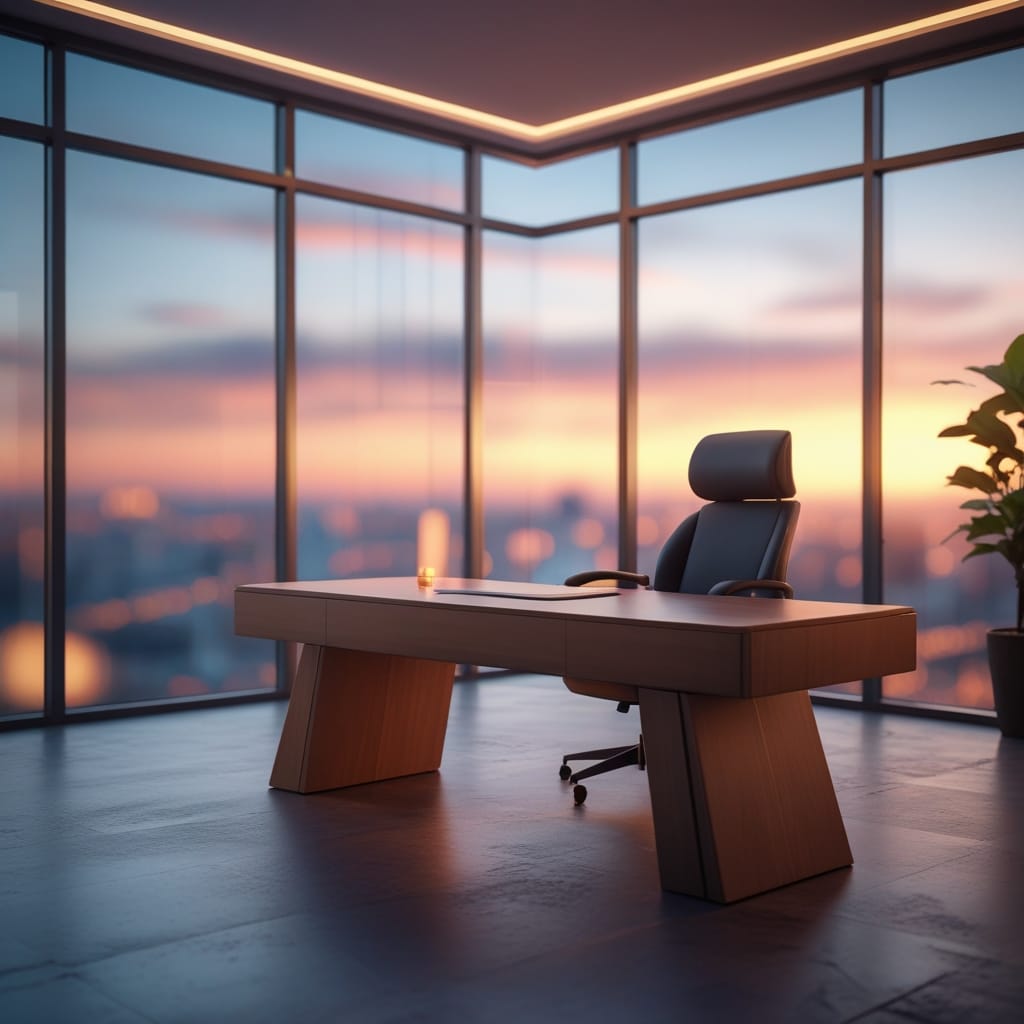 Luxury modern home office with large windows and sunset view designed by AI