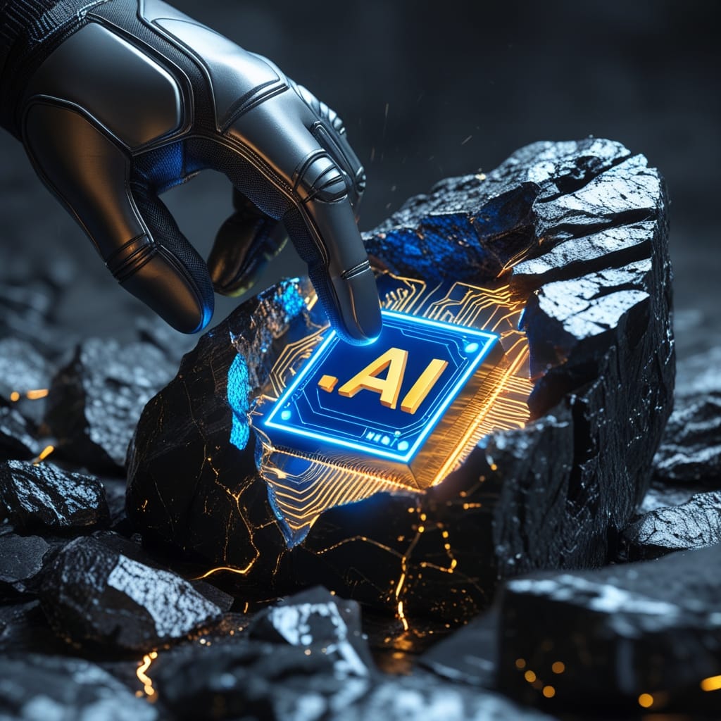 Futuristic robot hand breaking a rock to reveal a glowing blue '.AI' microchip, symbolizing the high value of AI domain investments.