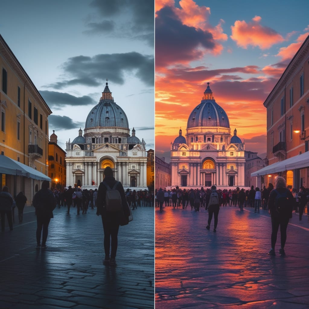 Professional AI travel photo editing before and after removing crowds and fixing sky