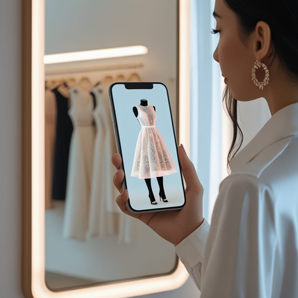 A stylish person using a smartphone with an AI smart shopping 2026 app to virtually try on a 3D holographic dress in a minimalist boutique.