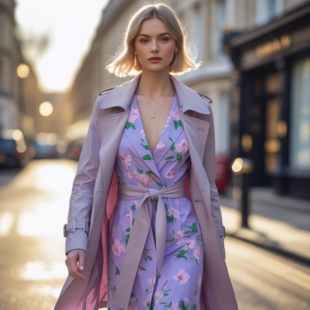 Stylish woman walking on a sunlit street wearing a Spring Fashion 2026 outfit with a pastel floral dress and a lightweight trench coat.