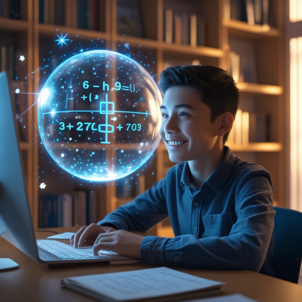 A young student with a transparent holographic AI tutor that is projecting 3D math formulas and space stars. The best AI Tutor 2026 is personalizing the learning experience.