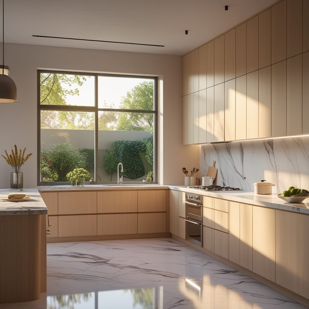Modern minimalist dream kitchen with marble countertops and light wood cabinetry 2026.