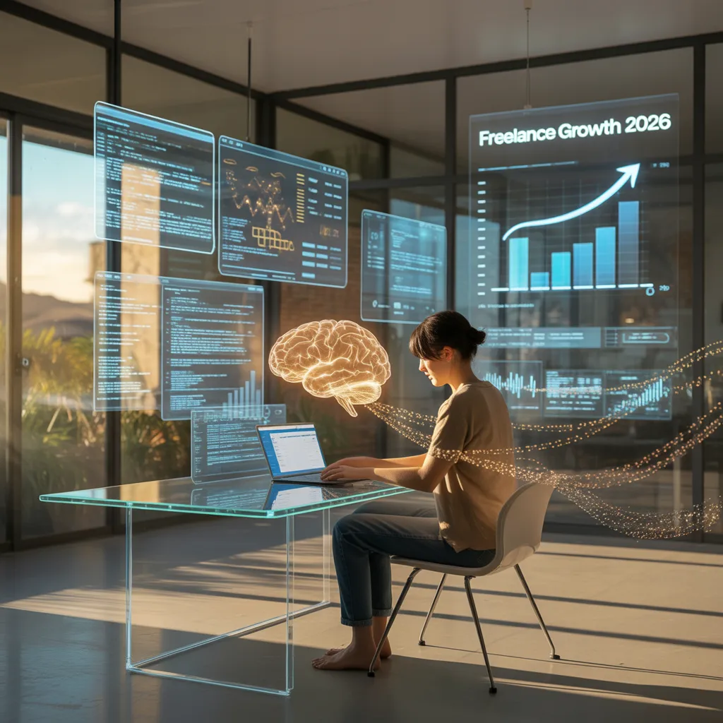 Freelancer using AI Freelancing 2026 tools in a futuristic digital workspace.