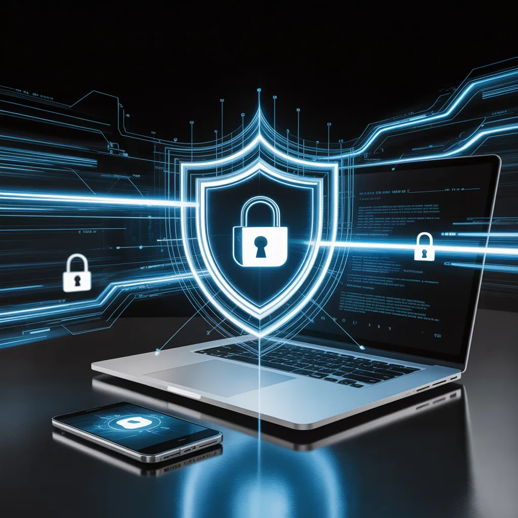 A glowing futuristic blue shield icon floating in front of a laptop and a smartphone. This represents the best AI cyber guardian 2026, protecting personal digital identity from deepfakes and advanced cyber-attacks.