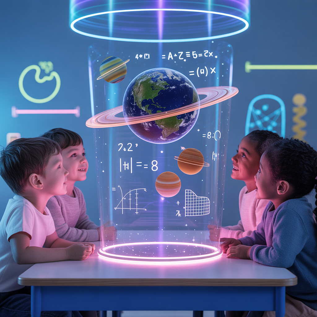Futuristic AI education for kids with holographic learning display