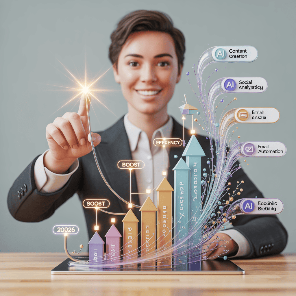 Futuristic 3D illustration of a professional business figure with 5 distinct AI tools and a rapid growth data chart,