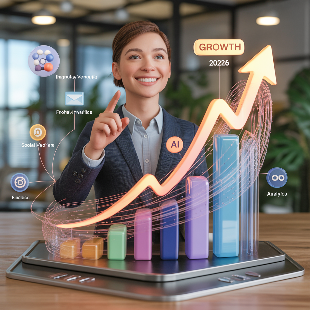 Futuristic 3D illustration of a professional marketing AI strategy with rapid growth data chart