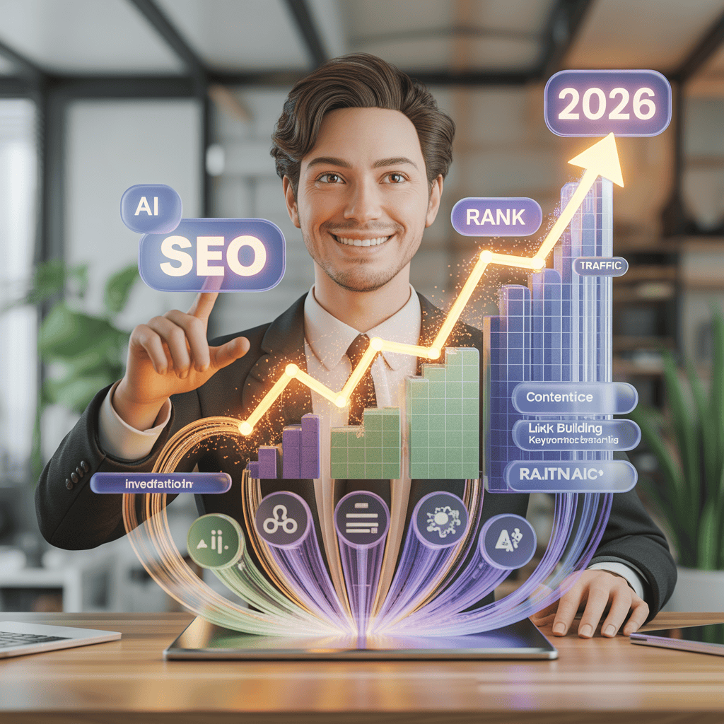 Futuristic 3D illustration of an SEO professional with AI tools and data growth, 2026