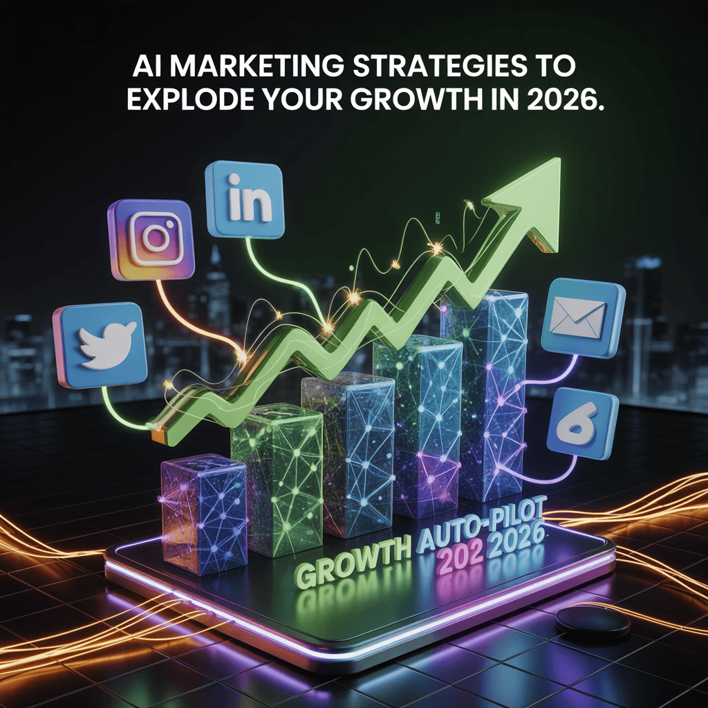 Professional visualization of AI Marketing 2026 strategies showing explosive business growth and social media automation