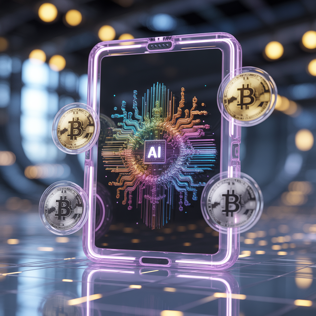 A high-tech glowing tablet displaying AI art with floating Bitcoin and digital currency icons, representing AI monetization strategies.