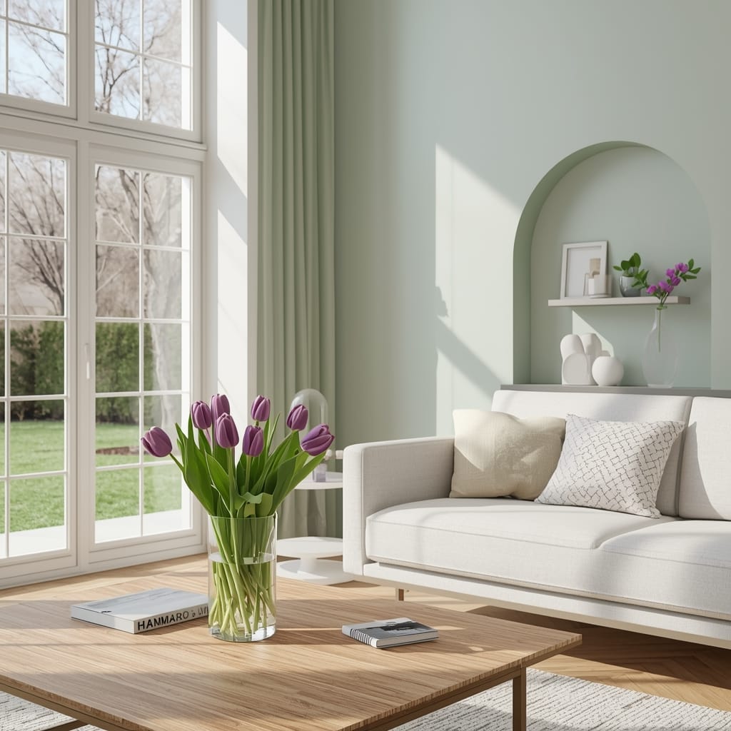 Modern sunlit living room with 2026 spring decor trends, sage green cushions, and fresh flowers.