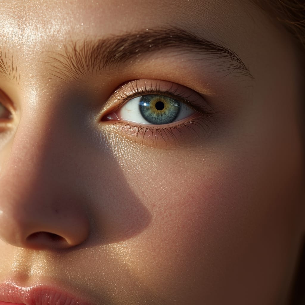 Hyper-realistic AI portrait showing natural skin texture, visible pores, and blue eyes, generated with Midjourney V8 settings.