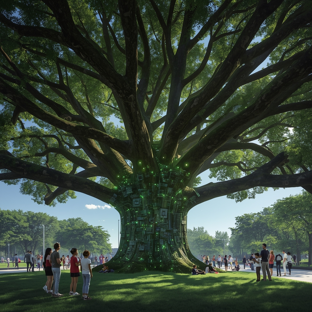 Futuristic green city with AI technology and vertical gardens