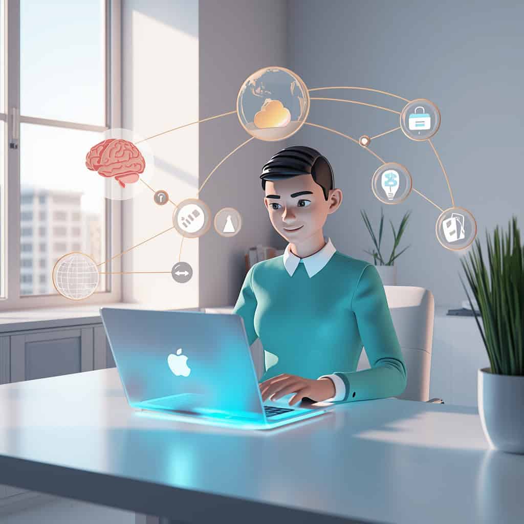 Futuristic 3D illustration of a freelancer using AI tools for remote work in 2026