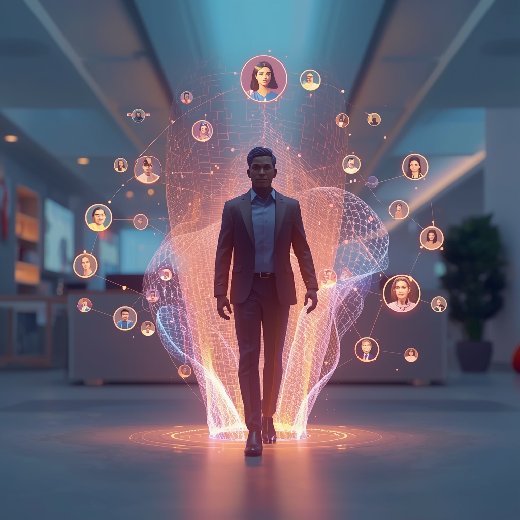 Futuristic 3D illustration of a professional personal brand identity powered by AI network 2026