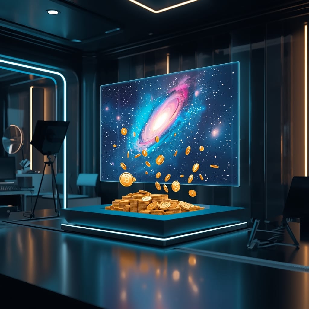 A creative workspace showing how to monetize AI art with digital currency and high-tech designs