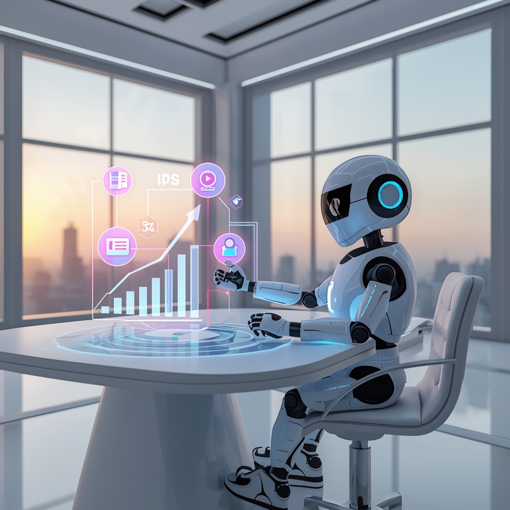 PageMagic AI robot assistant managing a futuristic digital business workspace for content creators.