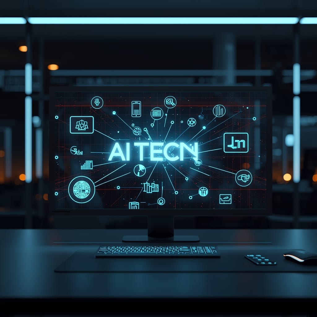 Futuristic digital workspace showing AI Content Creation tools and strategy for