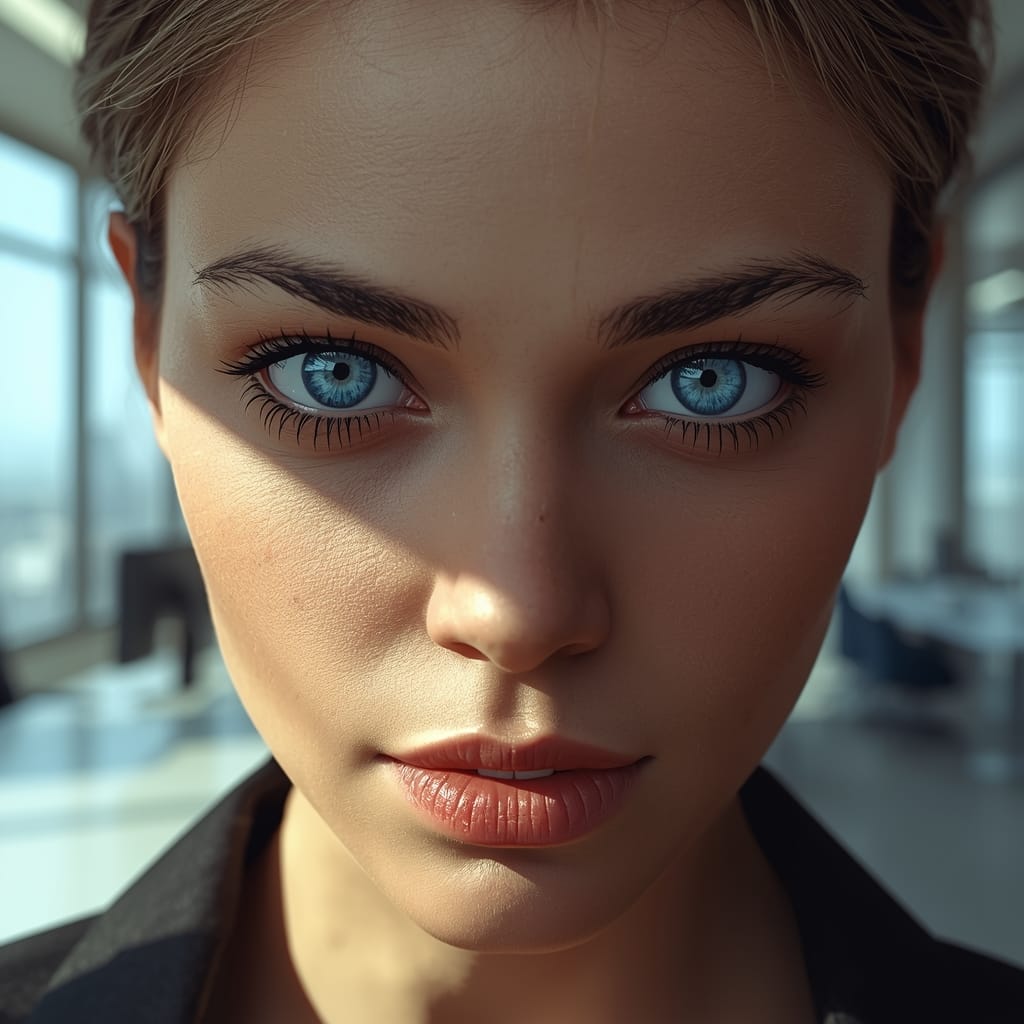 Close-up of a female face with striking blue eyes, generated with Midjourney v8, demonstrating advanced skin texture.