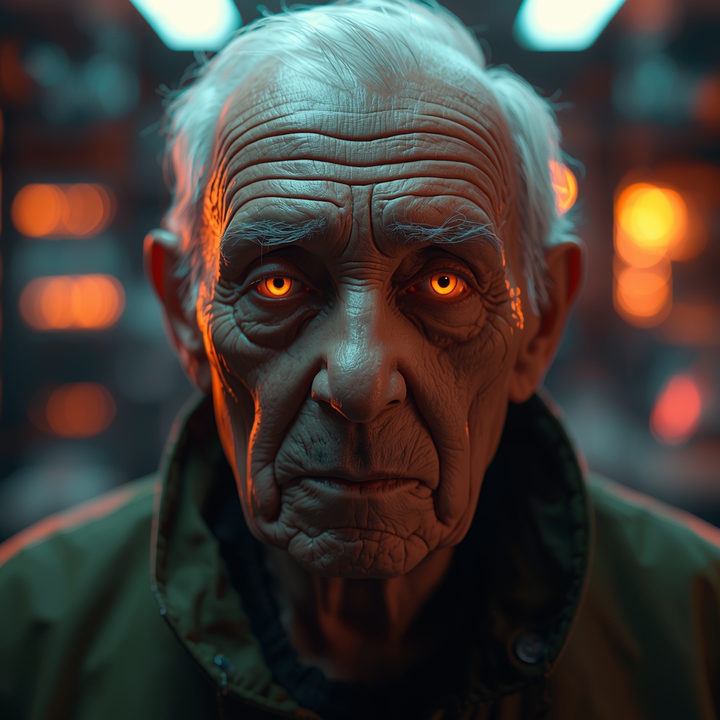 Hyper-realistic cybernetic elderly portrait created with Midjourney v8